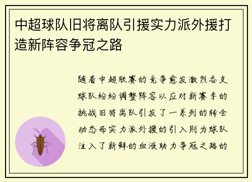 中超球队旧将离队引援实力派外援打造新阵容争冠之路