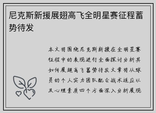 尼克斯新援展翅高飞全明星赛征程蓄势待发