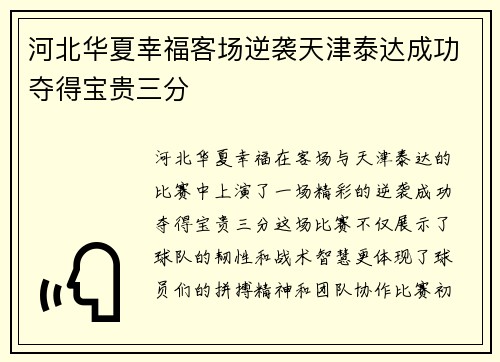河北华夏幸福客场逆袭天津泰达成功夺得宝贵三分