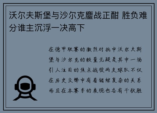 沃尔夫斯堡与沙尔克鏖战正酣 胜负难分谁主沉浮一决高下