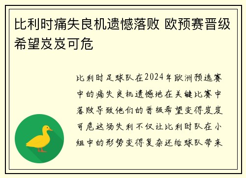比利时痛失良机遗憾落败 欧预赛晋级希望岌岌可危