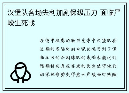 汉堡队客场失利加剧保级压力 面临严峻生死战