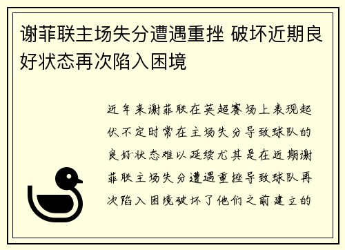 谢菲联主场失分遭遇重挫 破坏近期良好状态再次陷入困境