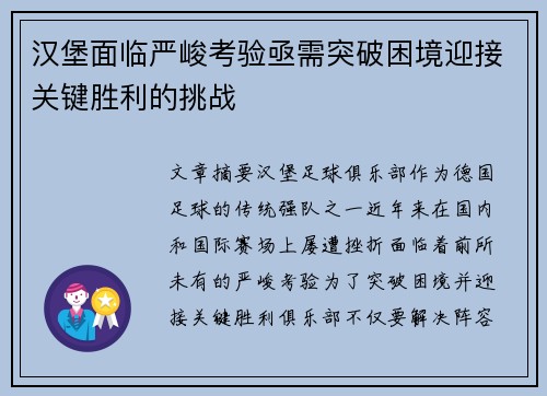 汉堡面临严峻考验亟需突破困境迎接关键胜利的挑战