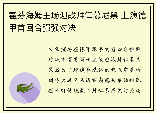 霍芬海姆主场迎战拜仁慕尼黑 上演德甲首回合强强对决