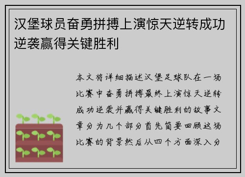 汉堡球员奋勇拼搏上演惊天逆转成功逆袭赢得关键胜利