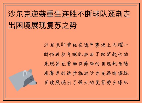 沙尔克逆袭重生连胜不断球队逐渐走出困境展现复苏之势