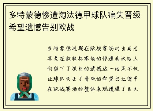 多特蒙德惨遭淘汰德甲球队痛失晋级希望遗憾告别欧战