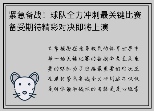 紧急备战！球队全力冲刺最关键比赛备受期待精彩对决即将上演