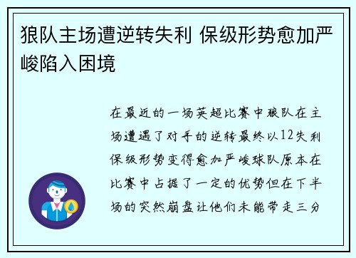 狼队主场遭逆转失利 保级形势愈加严峻陷入困境