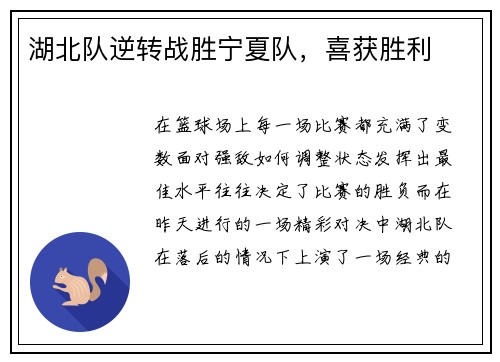 湖北队逆转战胜宁夏队，喜获胜利