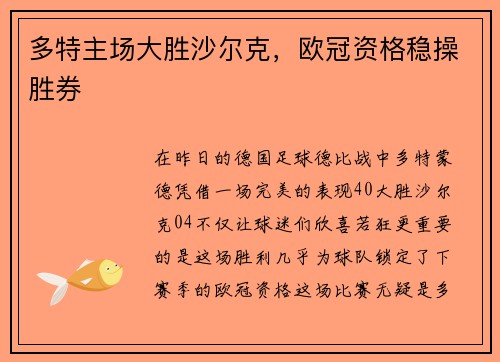 多特主场大胜沙尔克，欧冠资格稳操胜券