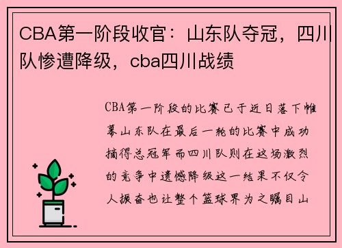 CBA第一阶段收官：山东队夺冠，四川队惨遭降级，cba四川战绩