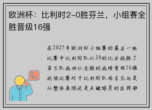 欧洲杯：比利时2-0胜芬兰，小组赛全胜晋级16强