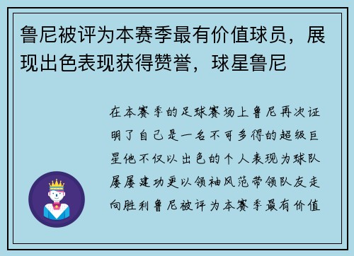 鲁尼被评为本赛季最有价值球员，展现出色表现获得赞誉，球星鲁尼