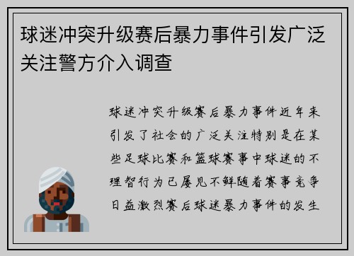 球迷冲突升级赛后暴力事件引发广泛关注警方介入调查